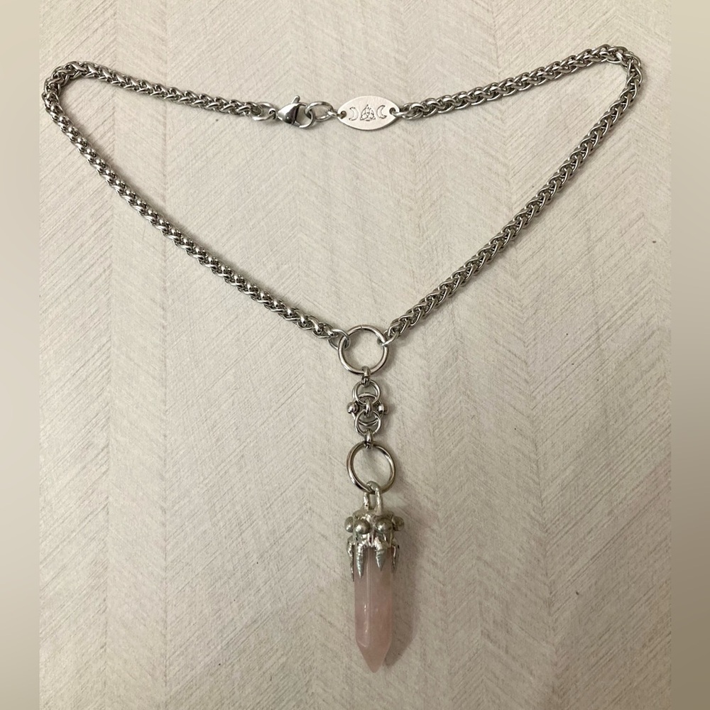 Genuine rose quartz bullet stainless steel maille celtic knot lariat Y necklace - Picture 11 of 16